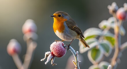 European Robin Perched on Frosty Red Rose Hip on a Cold Winter Morning
