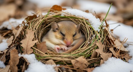 Small dormouse sleeping curled up in a cozy grass nest on snowy ground surrounded by dry oak leaves in winter