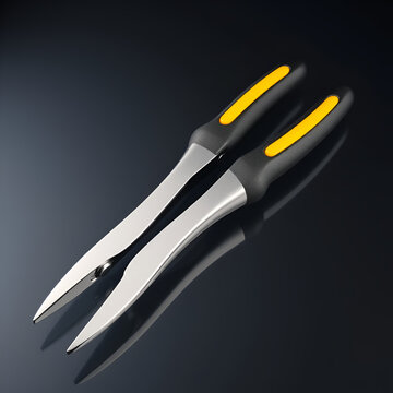 Brand-new flat-nose pliers with polished chrome-vanadium steel jaws and rubberized grips, 3/4 view on a transparent background, commercial product concept