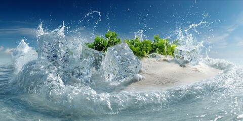Refreshing Oasis: Ice-Covered Island Awash in Crystal Waves and Lush Greenery