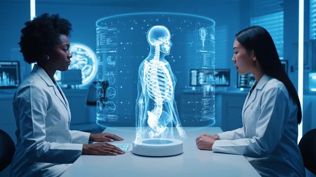Diverse Female Doctors Analyzing Holographic Skeleton in Advanced Medical Lab with Advanced Medical System Interface for Diagnostic Research and Innovative Technology Solutions