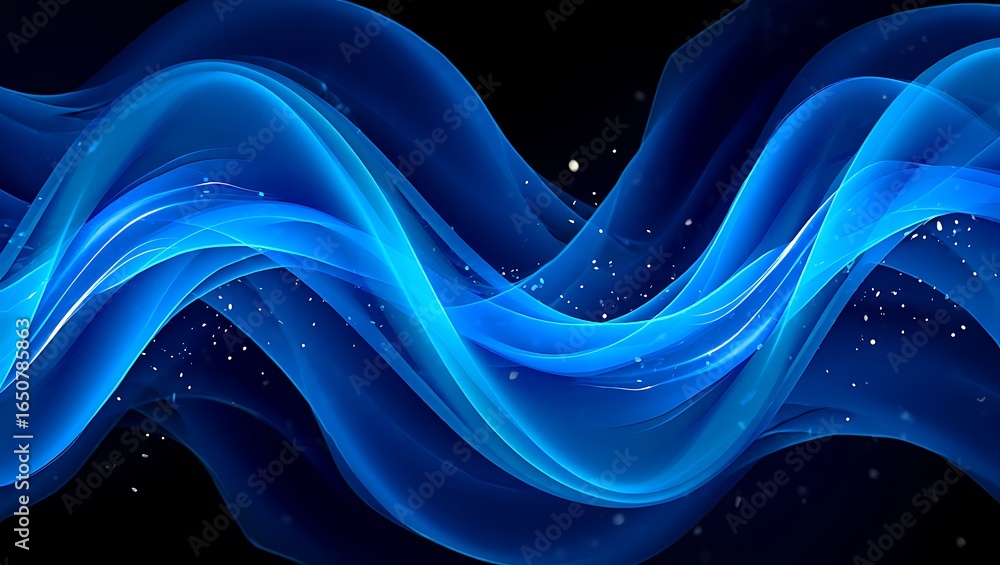 Poster abstract flowing blue wave of light with shimmering particles on a dark background