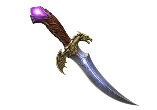 Fantasy-themed dagger with intricate dragon motifs and glowing gemstones