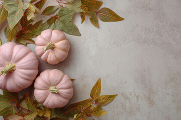 Three pastel pink pumpkins surrounded by autumn leaves on a textured gray background, space for text
