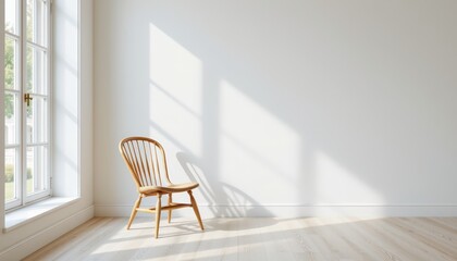 A single wooden chair sits next to a window in an empty sunlit room interior
