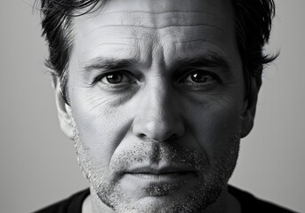 Dramatic high-contrast black and white studio portrait of a serious middle-aged man with a thoughtful and intense gaze.