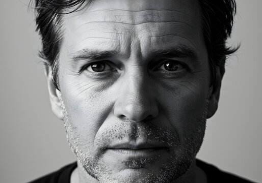 Dramatic high-contrast black and white studio portrait of a serious middle-aged man with a thoughtful and intense gaze. - Powered by Adobe