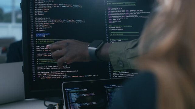 Software Development collaboration and Coding Software developer working together in tech office. Diverse Programmer discussion, development on machine learning and artificial intelligence coding app.