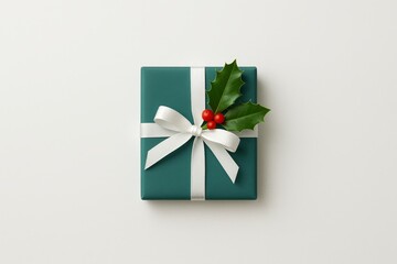 Teal gift box with white ribbon and holly on clean background—minimal holiday flat lay for cards, ads, and seasonal designs.