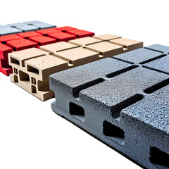 Close-Up of a Dark Grey Interlocking Pavement Block with Red, Beige, and Light Grey Blocks