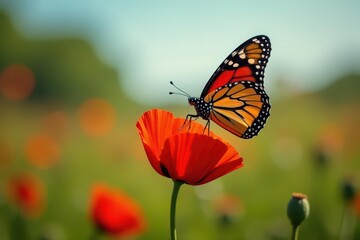 Obraz premium A monarch butterfly lands on a bright red poppy flower, poppy flower, summer, nature