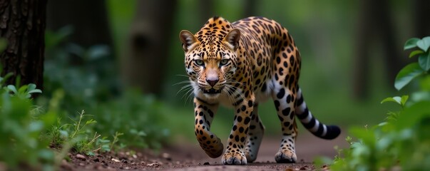 Fototapeta premium Alert leopard, sleek coat, intense gaze, ready to pounce, africa, panthera pardus, big cat