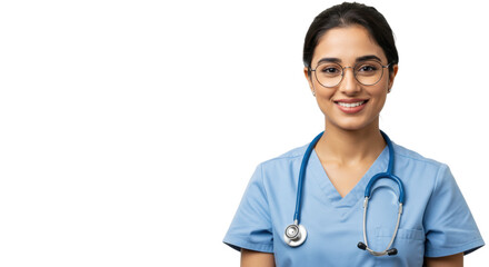 Young middle eastern woman in blue medical scrubs, stethoscope, eyeglasses, smiling warmly with direct eye contact on transparent studio background with copy space, compassionate care concept