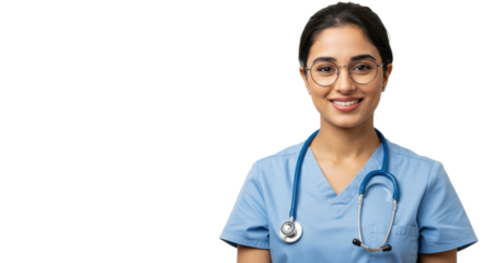 Young middle eastern woman in blue medical scrubs, stethoscope, eyeglasses, smiling warmly with direct eye contact on transparent studio background with copy space, compassionate care concept