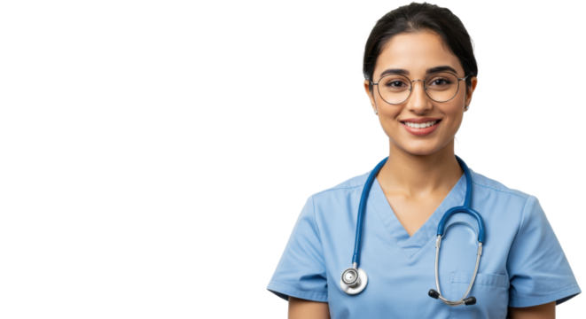 Young middle eastern woman in blue medical scrubs, stethoscope, eyeglasses, smiling warmly with direct eye contact on transparent studio background with copy space, compassionate care concept