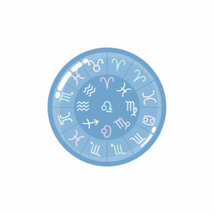 Fototapeta premium Glossy blue circular zodiac wheel with pastel-colored astrological signs and symbols.