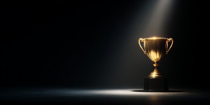 Golden Trophy Illuminated by Spotlight in Dark Room, Symbolizing Victory and Achievement