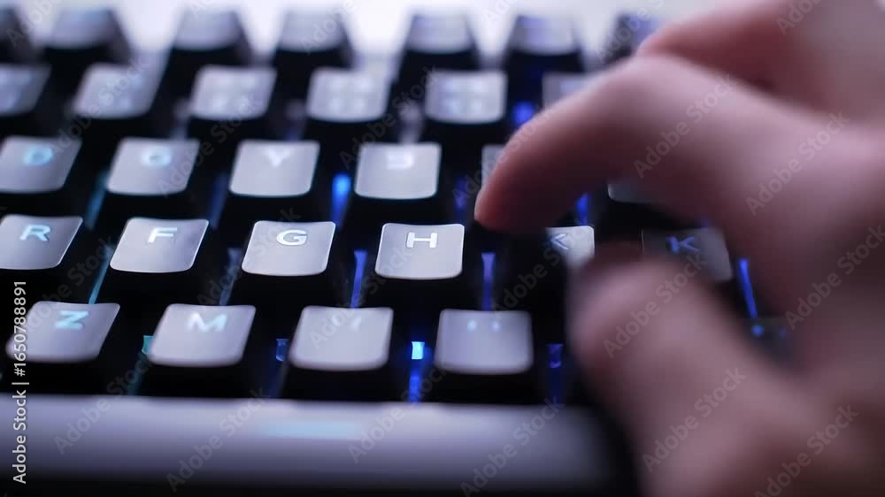 Poster close-up of illuminated keyboard; fingers type; desk background; online work