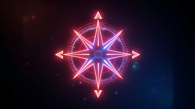 glowing neon compass direction icon isolated, black background, HD video motion graphic animation