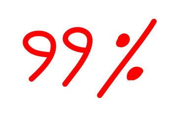 red percent sign,  red 99% symbol illustration,  hand drawn 99, hand written 99 percentage, doodle style scribble. Discount number isolated on transparent png 