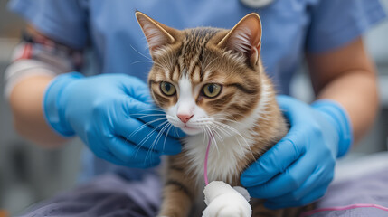 Veterinary surgeon checking bandage on cat stressed after spaying, castration