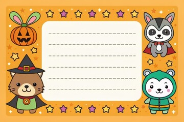 Fototapeta premium A whimsical Halloween card featuring a cartoon border filled with costumed characters, perfect for festive greetings and seasonal celebrations.