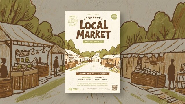 Illustration of a local market with stalls and community gathering, promoting fresh produce and goods.