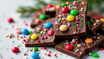 Obraz premium Festive Christmas chocolate bark, rich dark chocolate studded with colorful candies and festive sprinkles , confectionery, red, treat