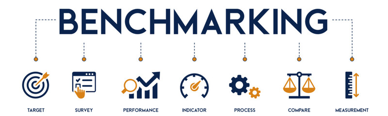 Bench Marking website icons vector concept illustrated with an icons of target, survey, performance, indicator, process, compare, measurement