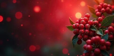 festive holly berries glowing softly in red bokeh background , bokeh, red, glow