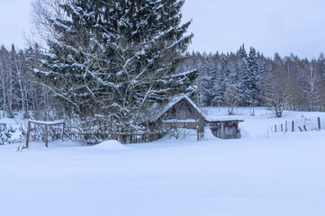 There is snow on the roof of the barn. A log barn in the village in winter. There are snowdrifts...