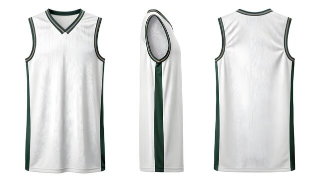 Mockup White basketball jersey shown from front, side, and back views, showcasing its design details and sleeveless style.