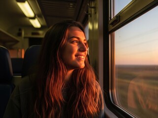 Happy traveler sits near window watching sunset light through glass, absorbed in moment of beauty and motion