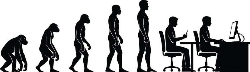 Human evolution silhouette illustration, monkey to modern man, evolution stages, technology addiction, sitting posture, computer work, smartphone usage, lifestyle change