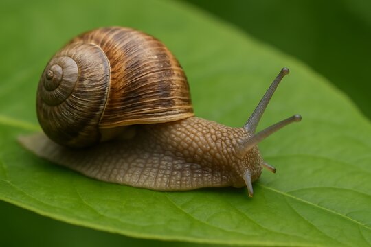 Garden snail crawling on a vibrant green leaf