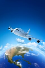 Naklejka premium Airplane Flying Over Earth – Global Travel Concept - World Tourism Day