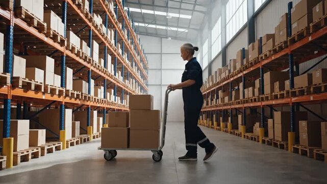 Warehouse Interior Showcasing a Woman in Blue Workwear Moving Boxes on a Trolley Among Rows of High Shelves in a Brightly Lit Distribution Center with Supply Chain Logistics and Commercial Operations