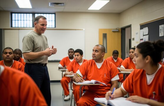 Group of prisoners attend GED class inside correctional facility to earn diploma and gain life-changing education through structured learning