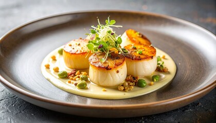 Gourmet dish of pan-seared sea scallops with a golden buttery crust, served on a creamy pea pur&eacute;e with fresh microgreens.