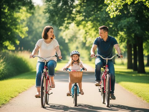 Family cycles through summer park, smiles wide with sunlit trees around, sharing healthy activity and bonding in nature together