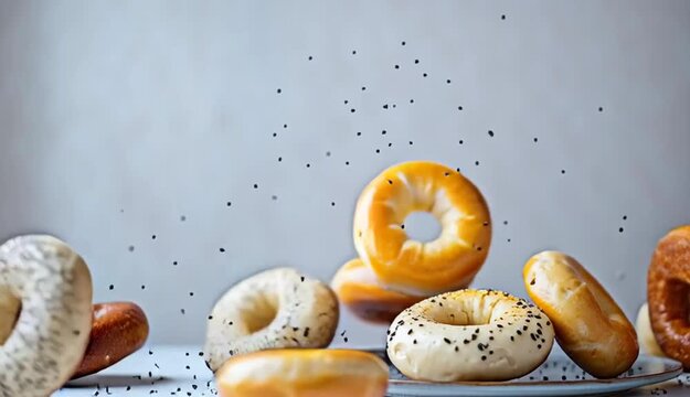 Stack of assorted bagels on plate against light background.