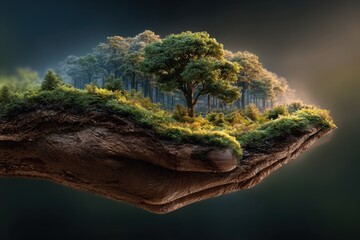 A Hand Holding Lush Green Forest Ecosystem, Symbolizing Nature Protection and Environmental Care