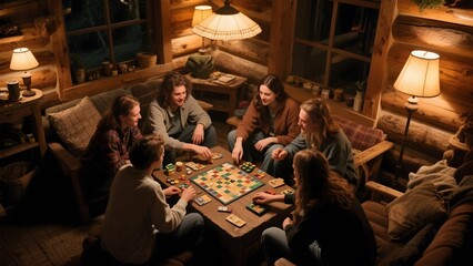Group of friends playing board games in a cozy cabin setting