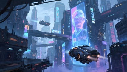 Futuristic Cityscape with Hovercraft and Digital Billboards