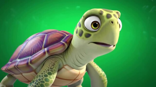 Cartoon turtle character with expressive eyes against a vibrant green background