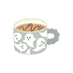 Coffee with chocolate topping in ceramic cup with Halloween ghosts. Vector isolated texture illustration in simple hand drawn trendy cartoon style