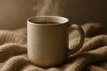 Steaming coffee mug on cozy knitted blanket