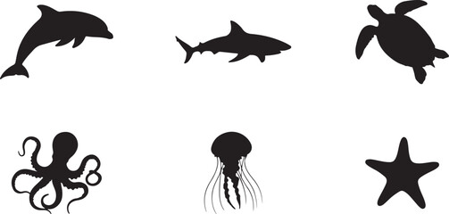 Marine Animal Silhouettes Set &ndash; Octopus, Jellyfish, Dolphin, and Ocean Wildlife Icons for Sea Life Design