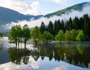 Misty Lake with Mountain Reflection.