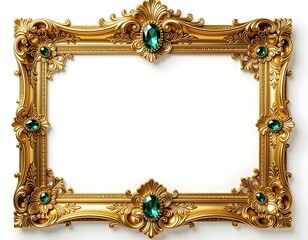 Golden Ornamental Rectangular Frame with Embedded Emerald Jewel and Baroque Carvings, Luxury Premium Border on White Background